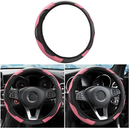 Vista 17 de Funda universal de microfibra para volante de automóvil, de piel sintética, elástica, 15 pulgadas, costuras de color, antideslizante, protector