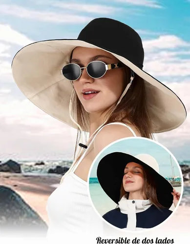 Vista 5 de Sombrero de pescador de algodón para mujer, reversible, de ala ultra ancha, plegable, protección UV, verano, viajes, UPF 50+ Negro