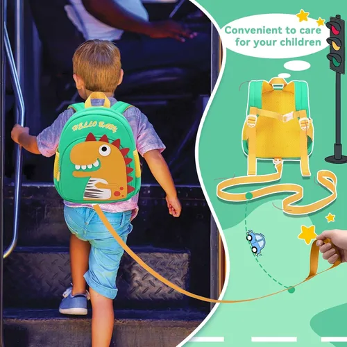 Vista 5 de Mochila infantil para niños de 1 a 3 años, mini mochila para niños, mochila preescolar para niños con correa de seguridad antipérdida, Dinosaurio