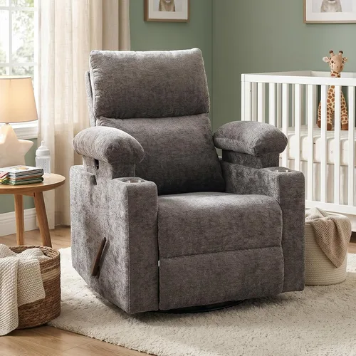 Vista 14 de Glider - Silla reclinable para guardería con reposabrazos ajustables, mecedora con masaje y calor, mecedora giratoria con reposacabezas ajustable
