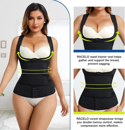 Vista 3 de RACELO Chaleco de entrenamiento de cintura para mujer, faja moldeadora con control de abdomen, faja moldeadora de cuerpo, corsé debajo del busto
