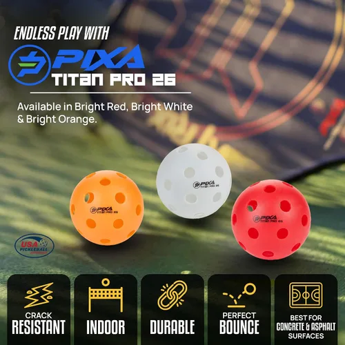 Vista 3 de PIXA Titan Pro 26 - Pelota de pickleball para interiores, aprobada por USAPA, nueva durabilidad mejorada, rebote constante, color rojo rally, Rojo