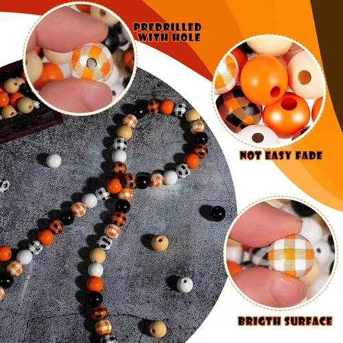 Vista 6 de 200 piezas de cuentas de madera de Halloween con estampado de tartán de búfalo en amarillo, naranja y negro, cuentas espaciadoras de madera redondas