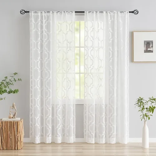 Vista 16 de Purainbow Paneles de Cortinas Transparentes de Encaje Floral para Ventana de 54 Pulgadas de Largo, Cortinas Transparentes de Gasa Geométrica
