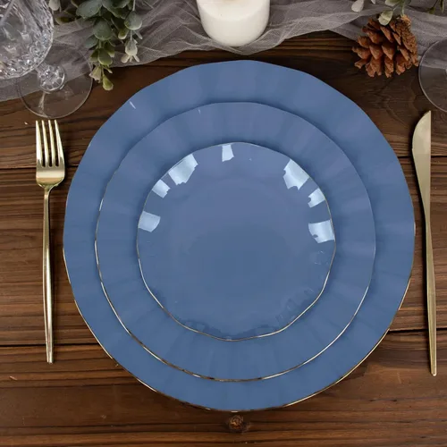Vista 192 de Tableclothsfactory Paquete de 10 platos redondos de plástico negro de 6 pulgadas para ensalada de postre, platos desechables con borde ondulado