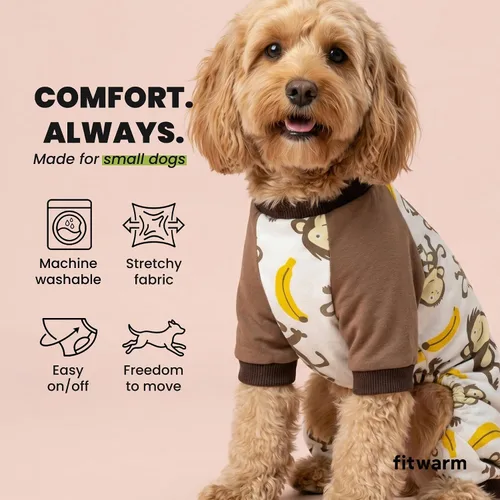 Vista 6 de Pijama para mascotas Fitwarm de algodón suave con estampado de monos, marrón, Marrón