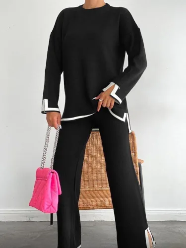 Vista 4 de VELISDE Conjunto de 2 piezas de suéter para mujer, conjunto de punto de manga larga, sin botones, pantalones de pierna ancha
