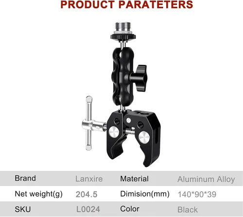 Vista 9 de Abrazadera de micrófono de montaje para micrófono con brazo mágico de cabeza esférica - Compatible con micrófonos - Carga máxima de 4.4 libras / 4.4