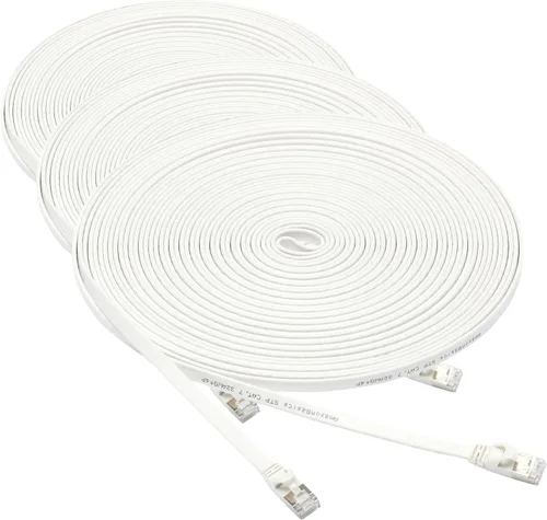 Vista 7 de Amazon Basics Cable de conexión Ethernet RJ45 Cat 7, plano, 600 MHz, sin enganches, incluye 15 clavos, 30 pies, color blanco