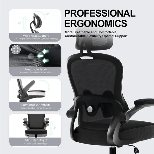 Vista 5 de Ergonomic Office Chair,Ultra Thick Office Desk Chair with Adjustable Lumbar Support and Headrest,Spring Cushion,Rocking Function,Flip-up arms,Mesh