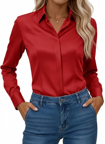 Vista 11 de Gleeivy Camisa con botones para mujer, solapa con botones ocultos, ligera, transpirable, resistente a las manchas, manga larga, trabajo e informal