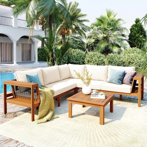 Vista 17 de Juego de 4 muebles de patio al aire libre, sofá seccional de madera de acacia con asiento cojines beige, asiento de conversación seccional