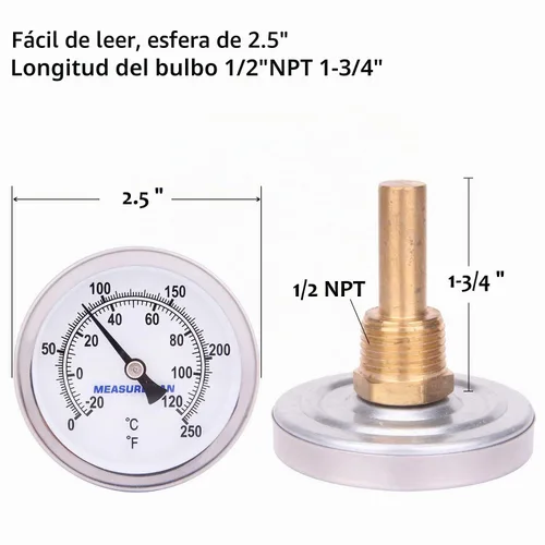 Vista 6 de MEASUREMAN Termómetro bimetálico de agua caliente, esfera de 2-1/2", vástago de latón sin plomo de 1-3/4", rango de 0-250 grados F/-20-120 grados C