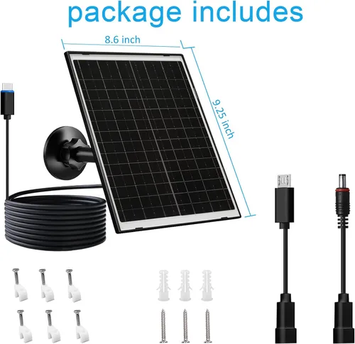 Vista 2 de Zivif Cargador solar USB-C de 10 W con panel de vidrio, panel solar USB para cámaras de seguridad, con DC 5.5x2.1mm y puerto micro USB, IP66 Negro