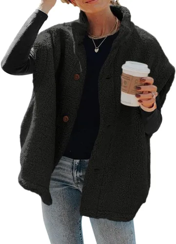 Vista 31 de Hongqizo - Chaleco de forro polar mullido para mujer, casual, de gran tamaño, cálido, con botones, chaqueta de sherpa con bolsillos