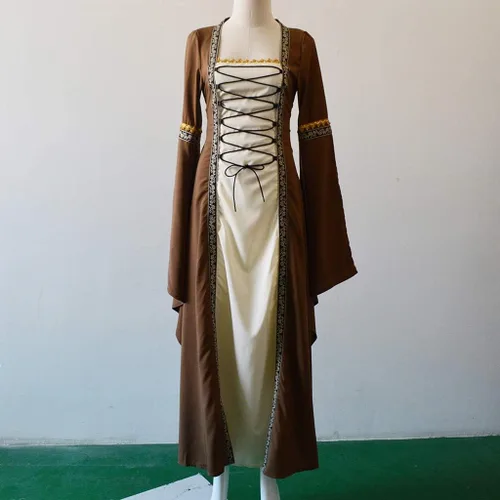 Vista 4 de Vestido medieval renacentista para mujer vestido gótico vestido vintage hasta el suelo cuello cuadrado manga acampanada 01Caqui vino verde negro