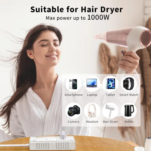 Vista 8 de Convertidor de voltaje de 2000 W 220 V a 110 V de EE. UU. a Europa para secadores de pelo, combo de adaptador de convertidor de corriente 7 en 1