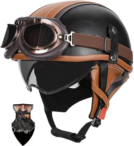 Vista 8 de Cascos Moto Retro Jet Vintage Medio, DOT Homologado Visera Retráctil PC y Hebilla Rápida, Desmontable para Hombre Mujer Adultos, Scooter Crucero