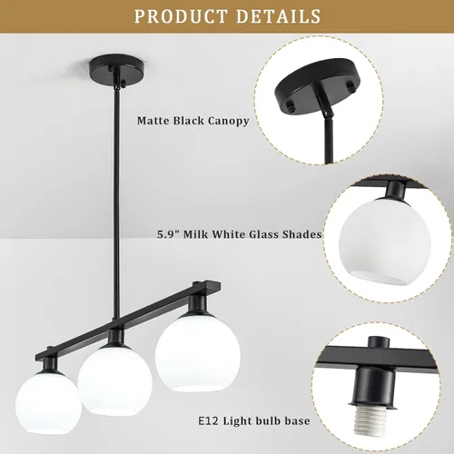 Vista 7 de Iluminación de isla de cocina, 3 luces, lámparas colgantes lineales con pantallas de vidrio de leche, candelabros negros de granja para comedor