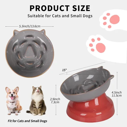 Vista 2 de Ceramic Slow Feeder Cat Bowl, 15-Degree Tilted Non-Slip Grey