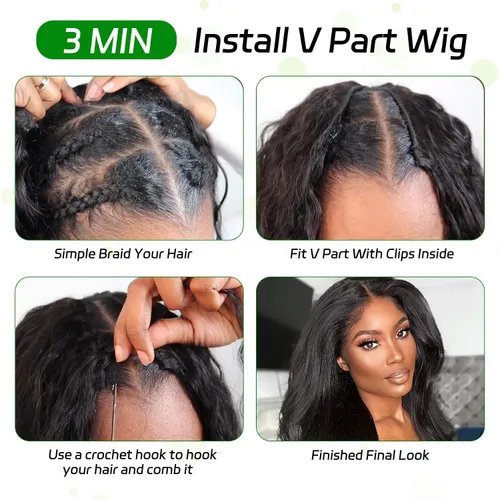 Vista 7 de Forevermore Yaki - Peluca de cabello humano lacio con parte en V, para mujeres negras, 12 pulgadas, sin pegamento, parte en U, con clips, sin dejar