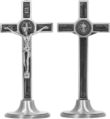 Vista 4 de Hztyyier Pared de crucifijo, hecha a mano, base católica extraíble para mesa (plata)