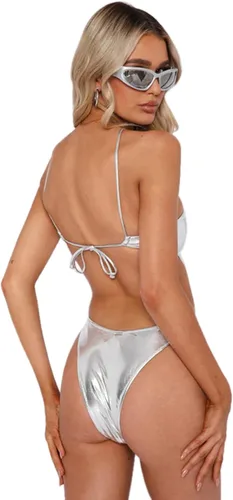 Vista 3 de Traje de baño sexy con tirantes cruzados metálicos brillantes para mujer, traje de baño holográfico sin espalda, traje de baño para festival rave