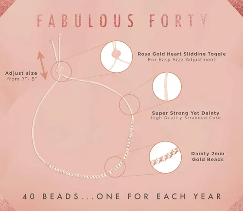 Vista 3 de Lucky Feather Regalos de cumpleaños número 40 para mujer, pulsera de cuentas sumergidas de oro de 14 quilates en cordón ajustable de 7 a 8 pulgadas