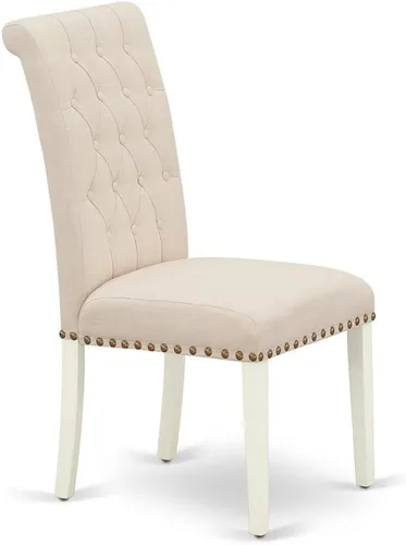 Vista 5 de East West Furniture ANBR3-LWH-02 Juego de mesa de comedor de 3 piezas contiene una mesa de comedor redonda con pedestal y 2 sillas tapizadas de tela
