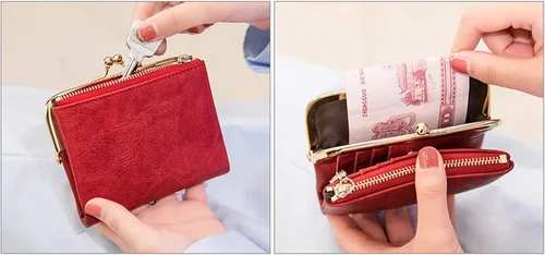 Vista 7 de PofeeXIO Billetera para mujer con RFID, pequeña, compacta, de piel, vintage, con cremallera y cierre de beso
