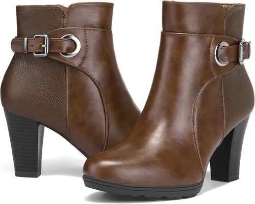 Vista 16 de mysoft - Botines de mujer con cremallera, tacón grueso apilado, botas de tobillo con hebilla y correa en el tobillo Marrón (Brown Buckle)