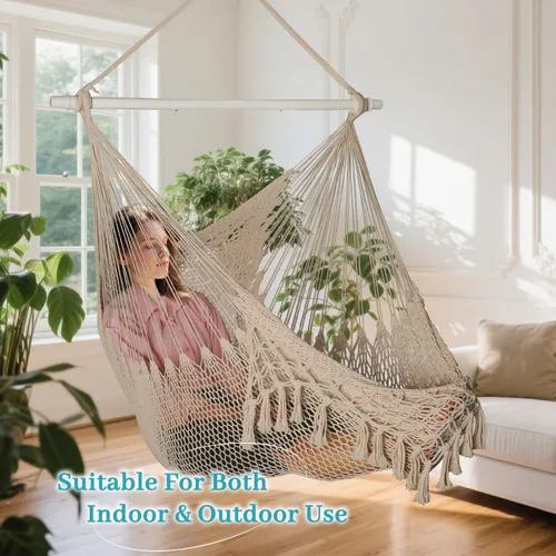 Vista 6 de Bathonly Silla hamaca de cuerda de algodón tejida a mano con barra separadora de metal, hamaca caribeña, silla colgante bohemia para dormitorio