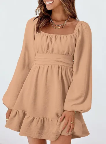 Vista 3 de Dakotto - Vestido de manga larga tipo farol para mujer cuello cuadrado, espalda descubierta con lazo sexy vestido acampanado con volantes y cintura