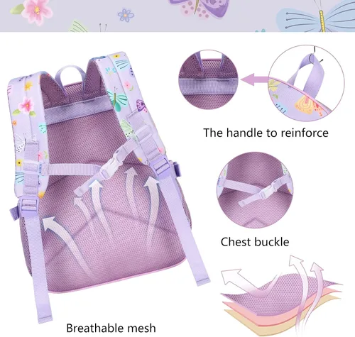 Vista 4 de Mochila para niños, mochila escolar para niñas y preescolar, mochila de unicornio para niños pequeños con clip para el pecho, púrpura