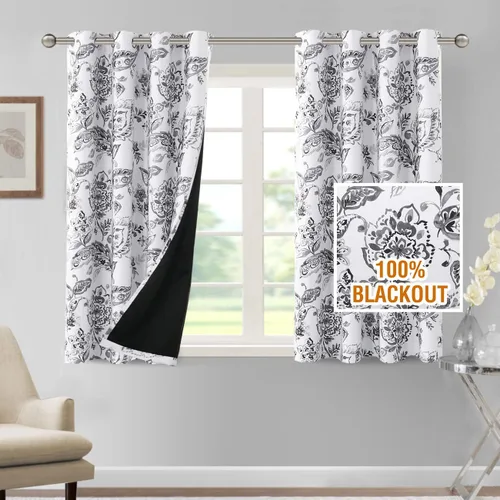 Vista 24 de H.VERSAILTEX - Cortinas 100% blackout con estampado floral de cattleyas, 45 pulgadas de largo, juego de 2 paneles térmicos con forro negro, a prueba