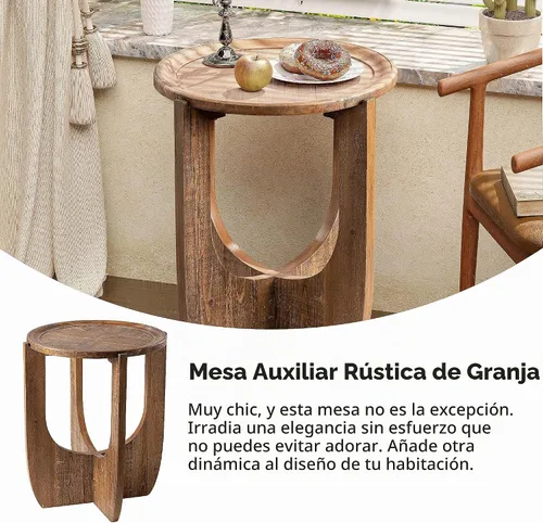 Vista 4 de COZAYH Rustic Farmhouse - Mesa auxiliar redonda con bandeja superior, patas