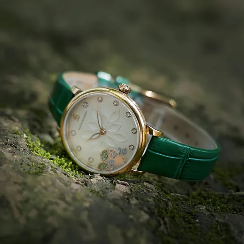 Vista 3 de Reloj para mujer Bee Watches para mujeres con abejas en movimiento entre doble cristal de zafiro con correa de cuero genuino, manecillas luminosas