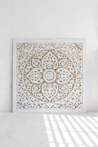 Vista 7 de Cabecero tallado de tamaño Super King, paneles de madera de mandala montados en la pared, acabado rústico marrón envejecido, 80 pulgadas