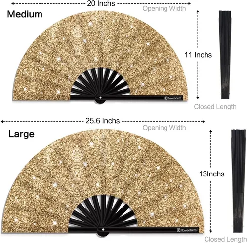 Vista 6 de Ventilador de mano plegable con purpurina grande con funda para hombresmujeres, ventilador de mano para EDM, festival, club, fiesta, baile