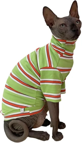 Vista 6 de Camisa de algodón con cuello redondo para gatos sin pelo Sphynx de rayas vintage, ropa para mascotas con mangas, camisetas para gatitos para Sphynx
