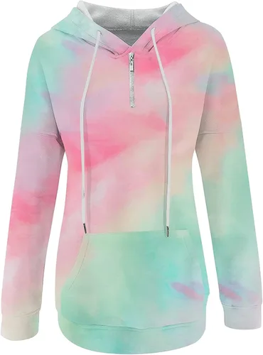 Vista 2 de Sudadera con capucha y media cremallera para mujer, con cordón, atlética, moderna, con bolsillo frontal, manga larga, para otoño