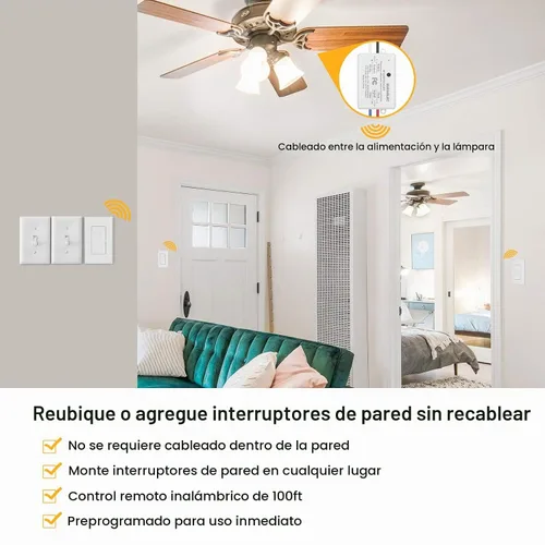 Vista 2 de SURAIELEC Interruptor de luz remoto inalámbrico, sin cableado, sin WiFi, rango de RF de 100 pies, preprogramado, kit de interruptor de pared