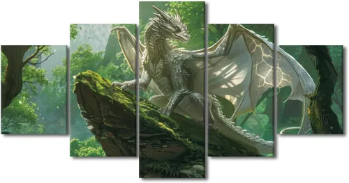 Vista 15 de Lienzo decorativo para pared de sala de estar, lienzo de dragón, 5 paneles, dragón verde, decoración de pared para el hogar, decoración de pared