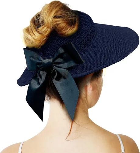 Vista 10 de Visera solar de paja para mujer, ala ancha, protección UPF 50+, sombrero de playa, ajustable, plegable, gorra de cola de caballo con correa
