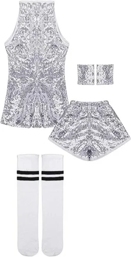 Vista 6 de LOLANTA Vestido de baile de lentejuelas para niñas de 4 a 12 años, traje de baile de hip hop, sin mangas y pantalones cortos