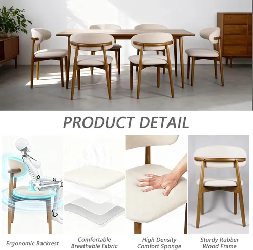 Vista 3 de Sillas de comedor tapizadas modernas, asiento de tela beige con patas de madera, sillas auxiliares de cocina contemporáneas, juego de 2