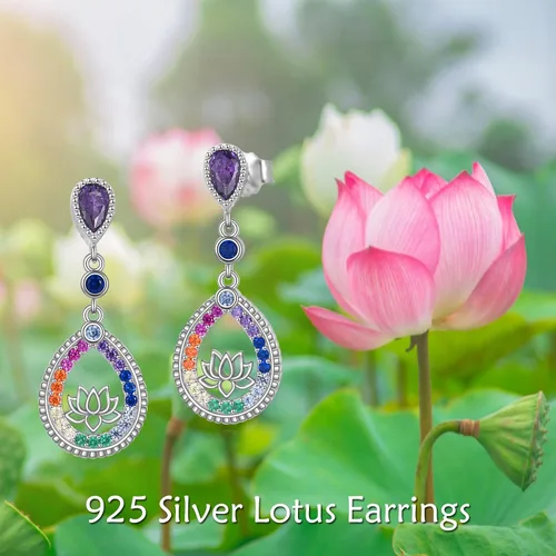 Vista 6 de AXELUNA Aretes de loto para mujer, plata de ley, chakras, flor de loto, aretes colgantes de gota para yoga, regalos para mujer, Plata de ley, plata