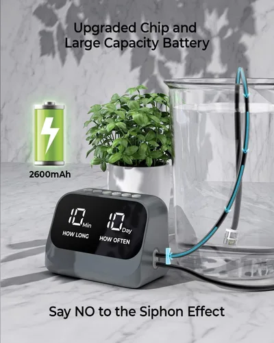 Vista 4 de Riego automático para plantas en maceta, utilizando un temporizador programable inteligente, cuenta con una pantalla LED impermeable, una batería