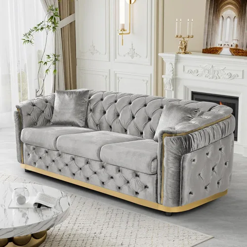 Vista 17 de Sofá Chesterfield de terciopelo de 62.5 pulgadas con respaldo copetudo y detalles dorados, beige Blanco