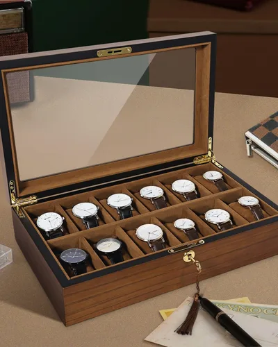 Vista 4 de Uten Caja de reloj con 12 ranuras, organizador de caja de reloj con cerradura dorada y llave, caja de almacenamiento de madera con cojines de reloj